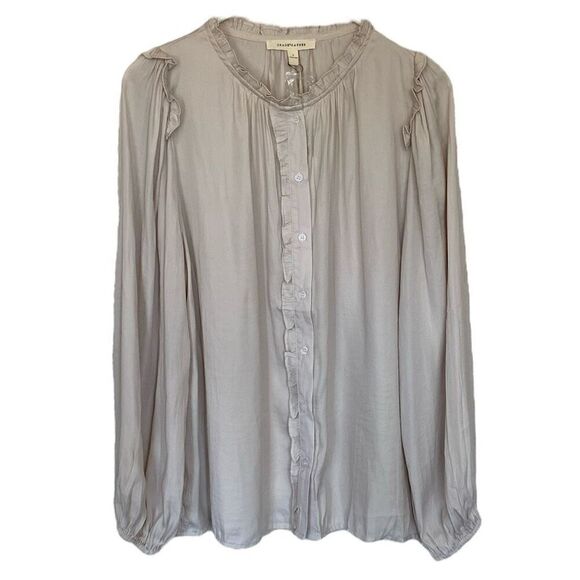 Grade & Gather Beige Ruffle Trim Long Sleeve Button Up Top NWT Size Small - Picture 5 of 5